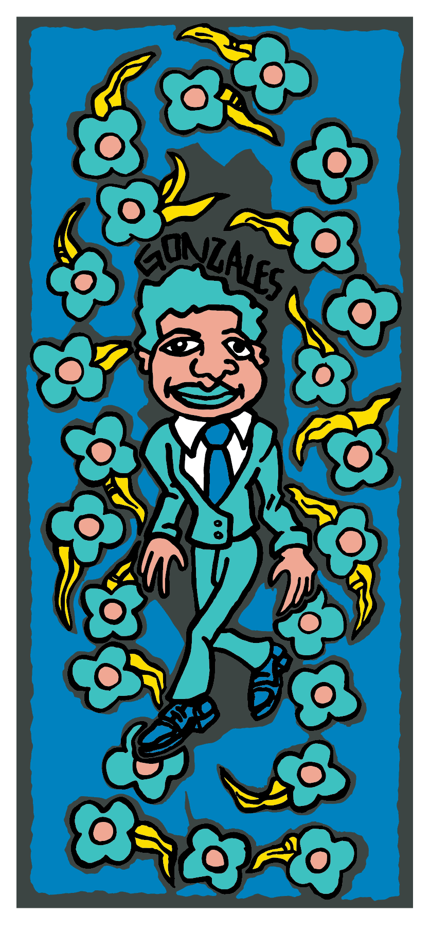 Gonz & Roses Print / Teal / Mark Gonzales